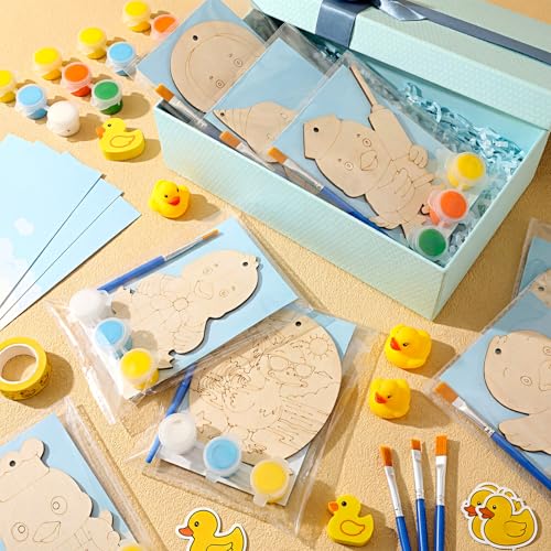 Saypacck 24 Pcs Duck Party Favors Wooden Paint Craft Kits | Duck Theme Crafts for Kids Birthday, Goodie Bag Fillers, Brush Paint Organza Bags Included, - style: Duck