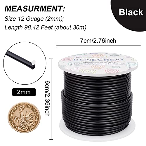 BENECREAT 12 17 18 Gauge Aluminum Craft Wire (12 Gauge,100FT) Anodized Jewelry Making Beading Floral Black Aluminum Craft Wire for Plant Gardening, Sculpting Model Making - color: Black, size: 12 Gauge