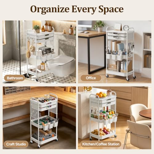3 Tier Rolling Cart with 2 Drawers, Metal Utility Storage Carts with Wheels | Kitchen Rolling Cart 4.5" Deep Basket, Mesh Side Panel with 3 Cups, 4 Hooks for Office, Bedside, Craft Storage Cart - color: White