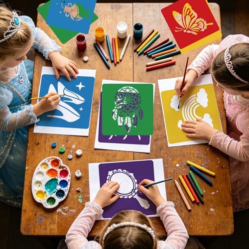 CUTHOLLOW Animals Fruit Plant Stencils, 24PCS 8-Inch Reusable Plastic | 24PCS 8-Inch Animals, Fruit & Plant Shapes, Reusable Washable Plastic, Painting, Crafts, Wall Art & Sidewalk Chalk - style: Fairies and Castles