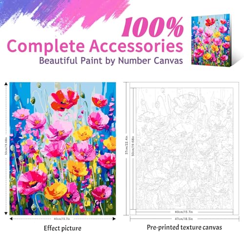 Yunnuo Paint by Numbers Kit for Adults Beginner, Flower Adults' Paint-by-Number Kits on Canvas,DIY Acrylic Pigment Poppy Flowers,Perfect for Home Wall Decor and Gifts(20x16 Inch) - color: C-003-poppy flower