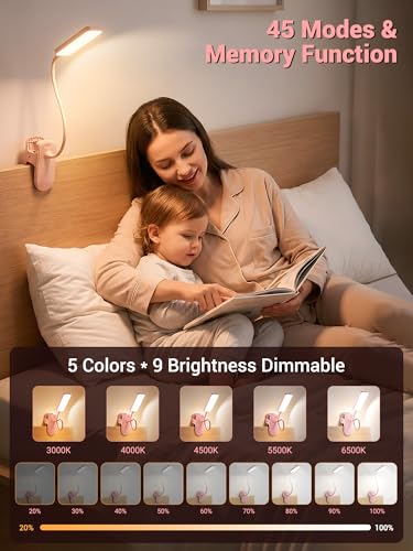 Pink Desk Lamp for Dorm Lamp, 9 Brightness+5 Color Clip on Light, Cute Lamp - color: Pink