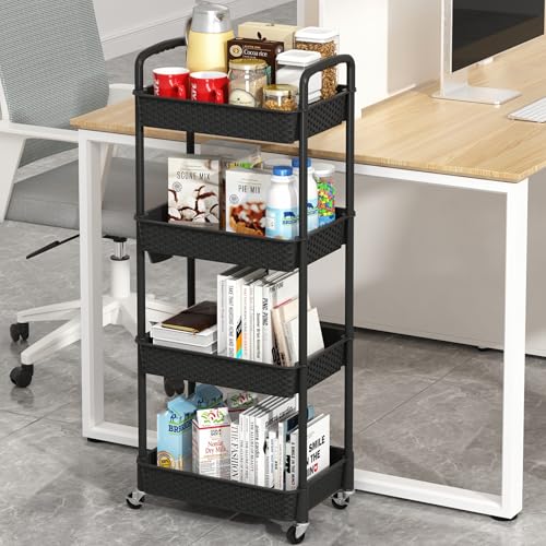 MOYIPIN 4-Tier Plastic Rolling Utility Cart with Handle, Black | Utility Storage Cart for Office, Living Room, Kitchen,Movable Storage Organizer,Easy installation,Rattan-like art design - color: Black, size: 4-Tiers without cups