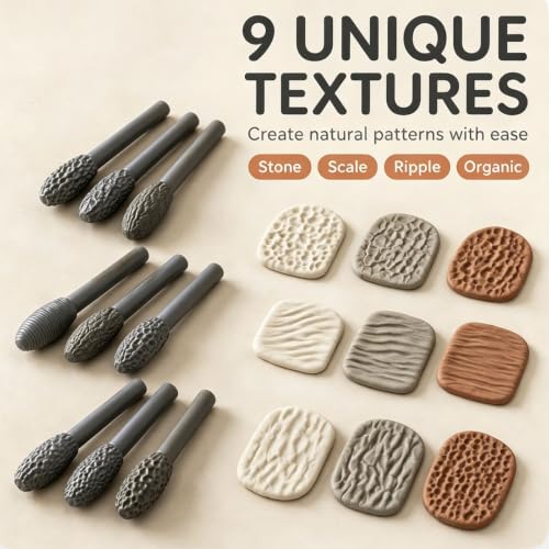 Clay Texture Roller for Art Projects,5/9/18pcs Modeling Pattern Rollers Kit, Single Head/Double Head, Roller Stick, Clay Bead Roller,Clay Texture Tools for Art (Single Head 9pcs+Pottery Tools 9pcs) - color: Single Head 9pcs+Pottery Tools 9pcs