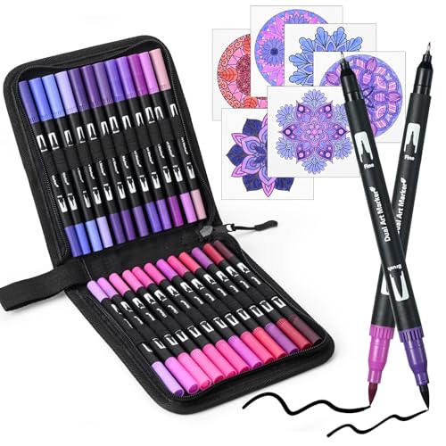 Purple Dual Tip Brush Pen,Colored Fine & Brush Calligraphy Pens, Dual Tip Purple Markers for Adult Coloring Books Drawing Planner Calendar Art Sketch Outlining Sketching Calligraphy - color: Purple