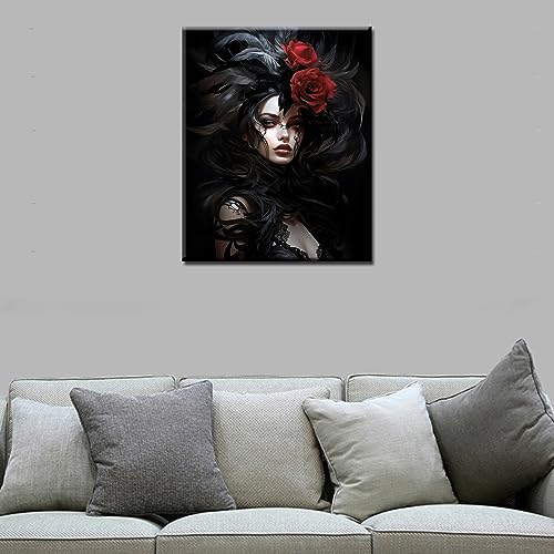 Mysterious Noble Woman Paint by Numbers Black Feathers And Red Roses DIY Painting by Number for Adults and Beginner with Brushes and Acrylic Pigment Dark Style for Home Decor With Frame 16x20inch - color: Artwork-02, size: 16''x20''(DIY Frame)