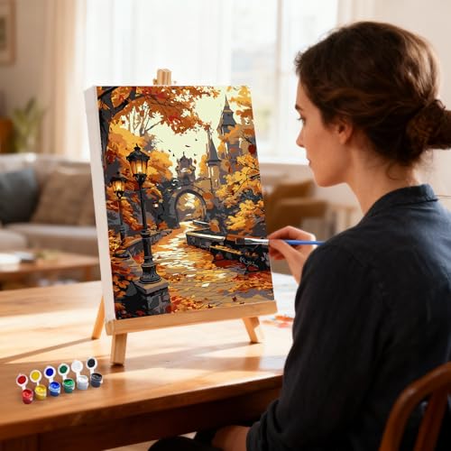 MXJSUA Castle Scene Paint by Numbers Kit with Frame for Adults, Easy Beginners Paint by Number on Canvas with Easel, Acrylic Number Painting Craft Gifts for Home Decor, 8x12 inch - color: Castle Scene