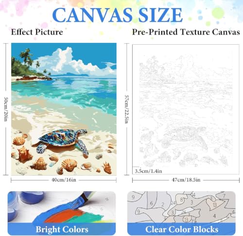 ZRIZQ Beach Paint by Numbers Kit for Adults Beginner,Turtle,16x20 | Full set with rich paints,wooden brushes,rolled canvas.Calming activity.Beginner friendly.Just open and paint. - color: 16"X20"Rolled Canvas-Landscape 14