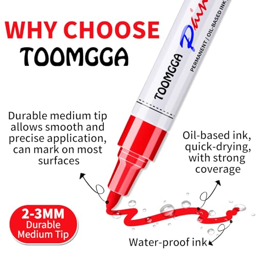 TOOMGGA 12 Red Paint Pens Permanent Paint Markers, Oil Based Medium Tip | Marking Pens, Quick Drying, Waterproof, Fade-resistant, for Rock Painting, Car Tyre, Metal, Plastic, Canvas, Wood, Glass - color: Red