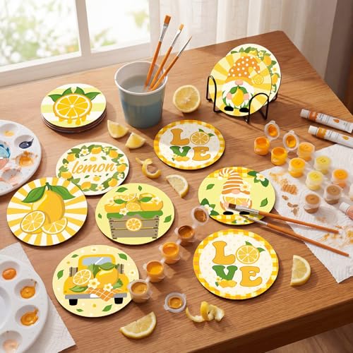 Reallnaive 8 Pcs Lemon Paint by Numbers Kit for Adults Wooden Coasters | Mini Paint by Numbers, Tiny Yellow Gnome Round Oil Painting Drink Coaster with Holder, for Small DIY Craft Birthday Gift - style: Lemon