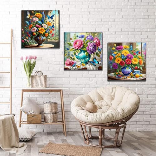 OFRKE Diamond Painting Kits for Adults,3 Pack Flower Vase Diamond Art for Beginners, Diamond Round 5D Full Drill Paint with Diamonds Pictures Gem Art Painting Kits DIY Crafts Kits 12x12inch - color: 3pcs-Flower Vase