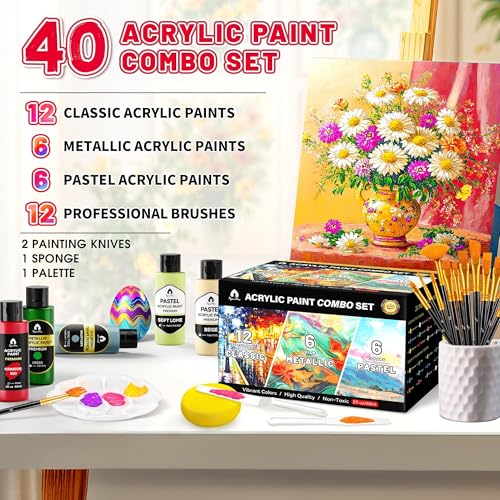 40 Pcs Classic & Metallic & Pastel Acrylic Paint Set with 12 Brushes, 2 Knives & Palette, 24 Colors (2oz/60ml) - for Adults, Kids, Artists & Beginners - Arts and Crafts Painting Kit - color: Mixed, size: 2 Fl Oz (Pack of 24)