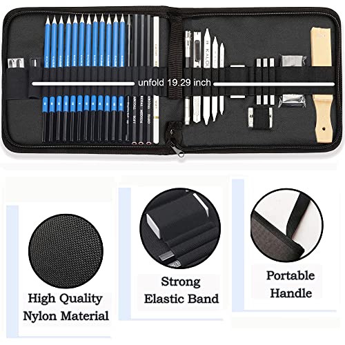 KALOUR 33 Pro Drawing Kit Sketching Pencils Set,Portable Zippered Travel Case-Charcoal Pencils, Sketch Pencils, Charcoal Stick,Sharpener,Eraser.Art Supplies for Artists Beginner Adults Teens
