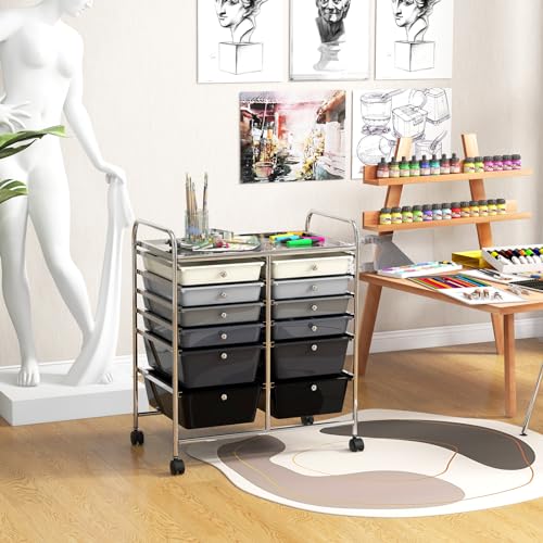 12 Drawer Rolling Storage Cart, Craft Cart Organizer on Wheels w/Metal Frame, Large Capacity & Smooth Drawer, Rolling Cart w/Drawers for Classroom, Office - color: Gradient Gray, size: 12 Drawer