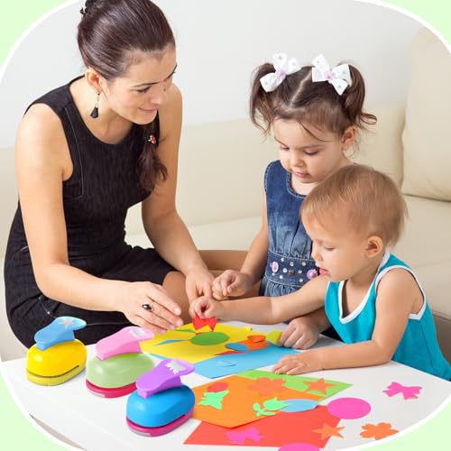 CHENGU Hole Punches 6 Shapes with Cardstock for Kids,Fresh Style,1 Inch | Paper Punchers Ideal for Scrapbooking Card Making, Star, Circle, Bow, Butterfly, Flower, Classroom Craft Supplies - size: 1 Inch, style: Fresh Style