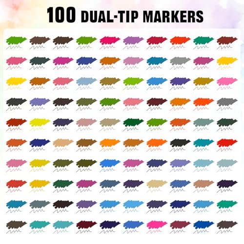 100-Color Dual Tip Markers in Case + 4 Spiral Bound Adult Coloring Books