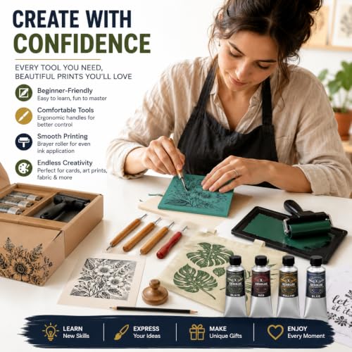 Xenolog Complete Block Printing Kit - All-in-One Lino Cutting Tools Set with Soft Rubber Blocks, Brayer, Ink & Storage Case - Deluxe Linocut Stamp Making Printmaking Supplies for Beginners
