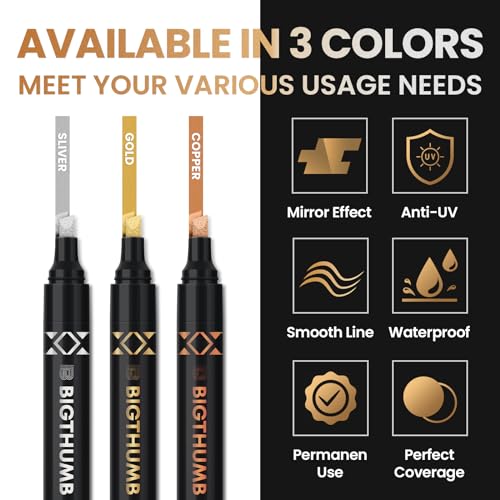 BIGTHUMB 6Pcs Liquid Chrome Paint Markers, Dual Tips Gloss Mirror Marker, Oil-based Permanent Chrome Maker, Reflective Metallic Pen Markers for Repairing, Model Painting DIY Art Projects - style: 6PCS Silver, Gold, Bronze