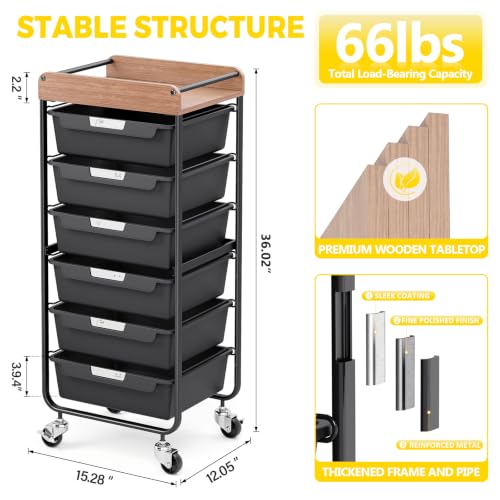 SYKIARIOL Utility Cart with 6 Labeling Drawers and Wooden Tabletop | Rolling Storage Cart for Crafters, Artists, Kids, Teachers, and Students – Organize Arts, Crafts, Sewing & Study Supplies - color: Classic Black, size: 6-Drawer