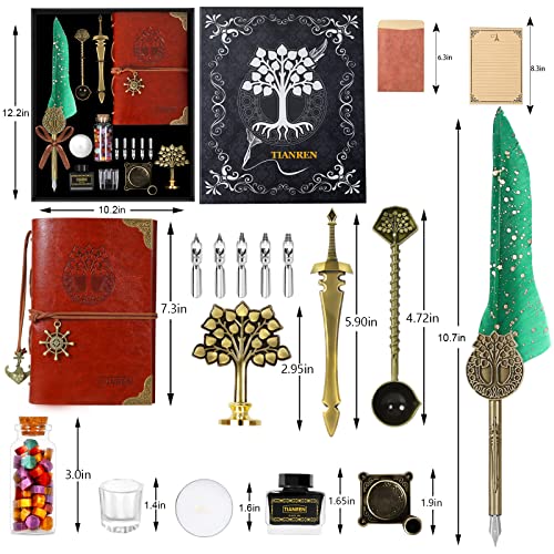 TIANREN Quill Pen and Ink Set,Feather Dip Pen,Antique Calligraphy Pen with 5 Replaceable Nibs,Wax Seal Stamp kit,Wax Beads & Leather Writing Notebook Christmas gift for Men&Women(Green)