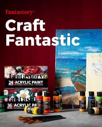 Fantastory 60ml 36 Colors Acrylic Paint Set with 12 Brushes | Professional Series, Thick Paints for Adults, Canvas, Wood, Fabric, Ceramic, Rock Painting - style: 36 Classic Colors