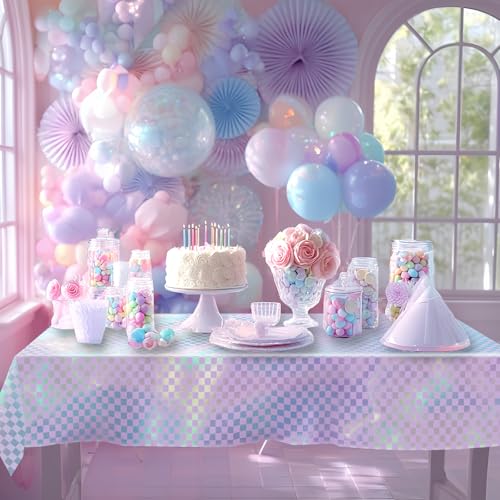 OQOQ Light Purple Checkered Iridescent Tablecloth (4 Packs), 108x 54 Inches Laser Rectangular Plastic Table Cover Disposable Table Cloth Purple Birthday Music Birthday Princess Bachelorette Party - color: Light Purple Checkered
