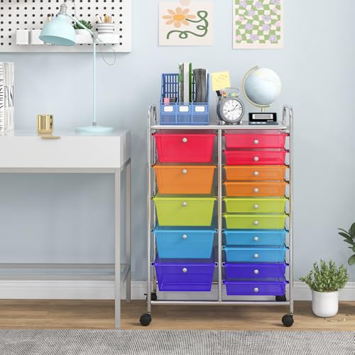 Giantex 15 Drawer Rolling Cart with Drawers, Storage Organizer Cart for Classroom Office School Teacher, Mobile Drawer Cart for Tools, Crafts, Small Printer, Paper (Clear Red+Orange+Green+Blue+Purple) - color: Multicolor, size: 15 Drawer-25"x14.5"x34.5"