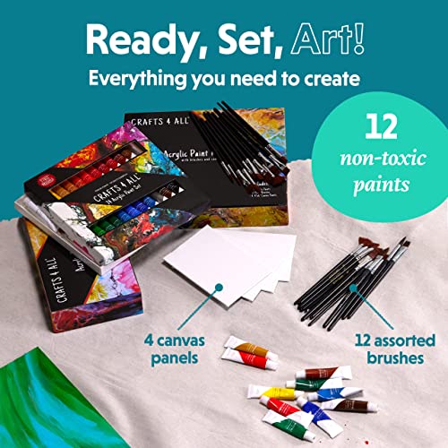 Crafts 4 All Acrylic Paint Set for Adults and Artists - 12 Pack of 12mL Paints with 12 Art Brushes & 4 Stretched Canvas Boards, Non-Toxic Craft Paint for Easter Eggs, Ceramic Rock Paint - Art Supplies - size: 1 Count (Pack of 1)