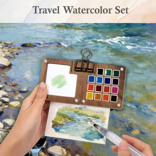 Mini Watercolor Paint Travel Set 15 Grid Palette Wooden Paint Box | Wooden Grid Paint Box with Refillable Water Brush,12 Colors,Wooden Palette,Sketchbook for Kids Painters Students - color: 15 Grid