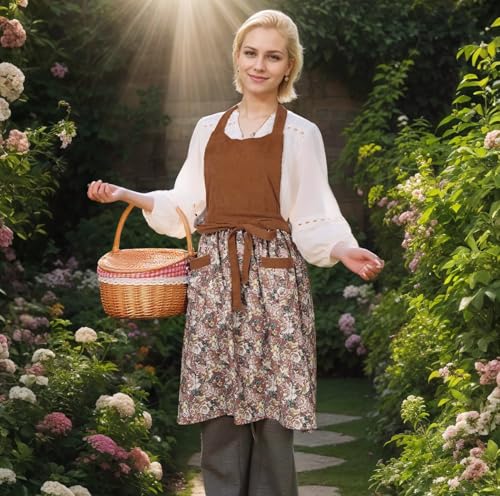 Cute Floral Apron for Women with Pockets, Cotton, Adjustable Straps - color: Brown