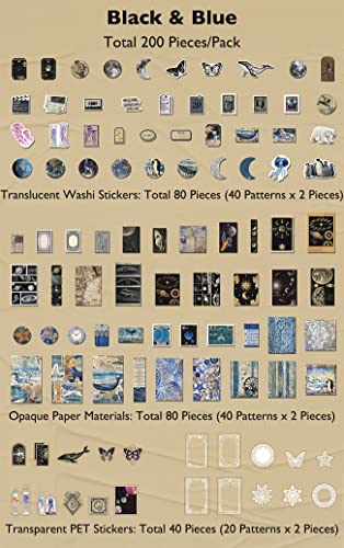 Knaid 200 Piece Vintage Ephemera Bundle - Paper & Sticker Kit for Junk Journaling, Scrapbooking, Planners, Bullet Journals, Collage, Decoupage - Black/Blue Tones - style: Black & Blue