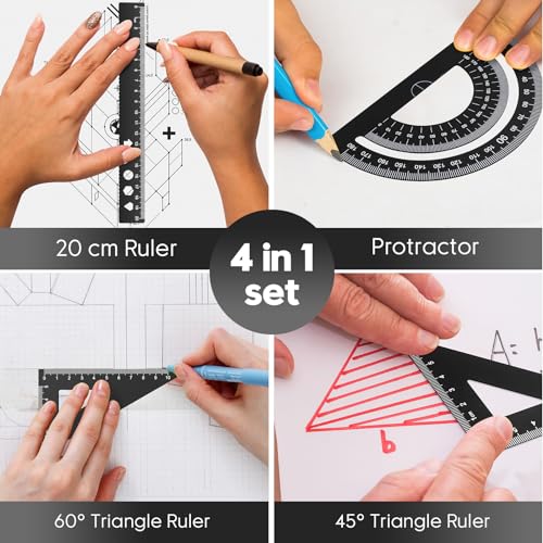MSDADA Triangle Ruler, Protractor, Square and Ruler Set, 4 Pieces Aluminum Alloy Ruler, Metal Drafting Ruler Kit, Geometric Protractor for Student, School, Home, Office (Black, 20cm/7.87inch) - color: Black, size: 20cm