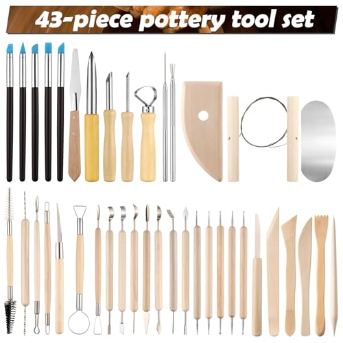 43 Pcs Pottery Tools Pottery Sculpting Tool, Potterys Kit, Clay Sculpting Tools at Home, Ceramics Tool Set with Carrying Case Bag and Apron, for Potterys Wheel, DIY Art and Craft (Natural Wood Color) - color: Natural Wood Color