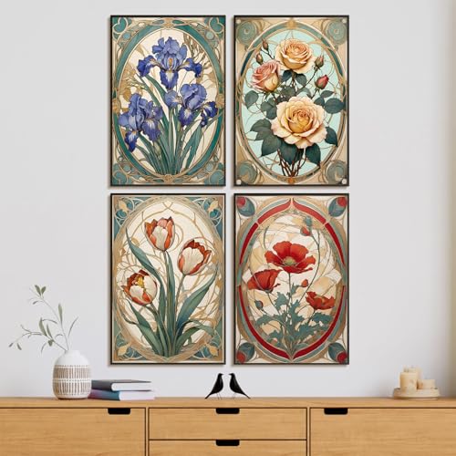 4 Pack Framed Paint by Numbers Kit for Adults Flowers with Wooden Easel | With Frame, Stained Glass DIY Acrylic Painting, For Adults Beginner, Stress Relief Craft Kits, Home Wall Decor Gift, 8x12 IN - color: YOP4P09
