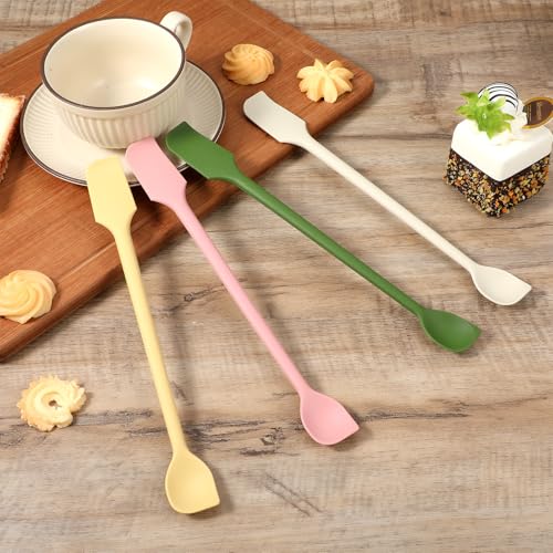 4 Pcs Long Dual-End Silicone Spatula, Small Spatula & Stirring Spoons for Jam Jars & Makeup, Thin Curved End for Scraping, Slim Spoon End for Scooping and Mixing (10.43 Inch)