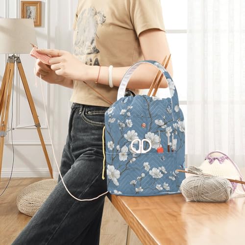 Blue Floral Butterfly Yarn Bag Small Crochet Bag Drawstring Yarn Storage Organizer Knitting Project Bags Potable Yarn Holder with Holes Handle Crocheting Needles Knitting Accessories - color: Blue Floral Butterfly
