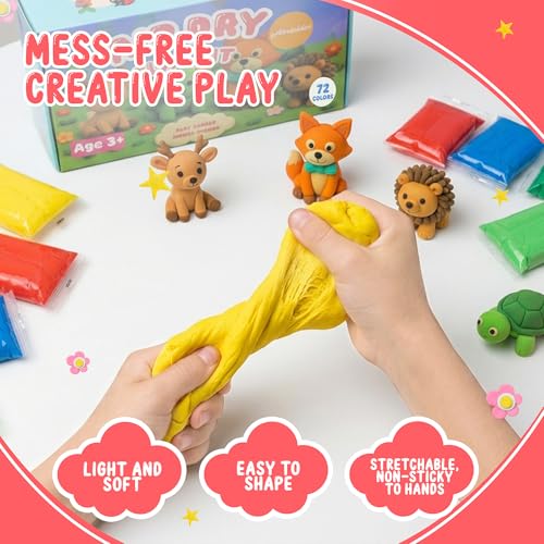 Air Dry Clay for Kids – 72 Colors Soft Modeling Clay Kit, Non-Toxic, DIY Model Art & Crafts Toys with Sculpting Tools, Paintable Craft Kit, Home Party Favors, Birthday Gift for Ages 3+