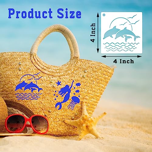 80 Pcs 4 x 4 Inch Stencils for Painting on Wood, Reusable Sea Ocean Creatures Mermaid Dolphin Shark Plastic Stencils DIY Craft Paint Template Set for Wall Home Decor - style: Ocean