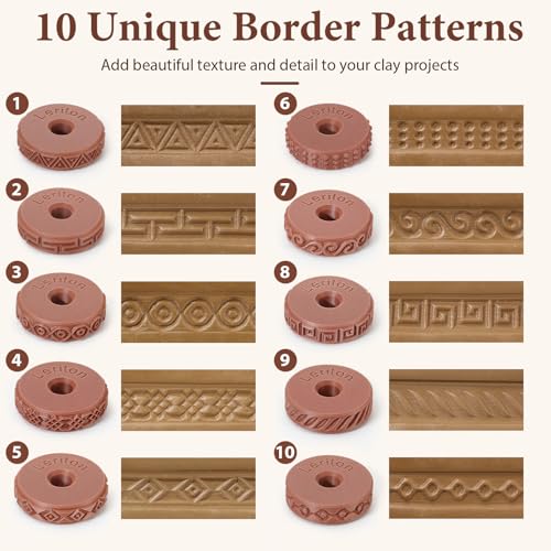 Leriton 11 Pcs Clay Texture Roller with Handle, 10 Patterns Texture Rollers for Clay, Pottery, Ceramics, 3D-Printed Polymer Tools for Home Decor DIY, Miniatures, Tabletop (Classic Style)