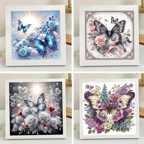mrpwnle 4 Pack Diamond Art Kits for Adults, Butterfly Diamond Painting Kits | Butterfly Flowers Diamond Art Painting Kits for Adults Beginners, 5D Round Full Drill Gem Art Kits, Home Wall Decor 12x12inch - color: 4 Pack Butterfly, size: 11.8x11.8in(30x30c