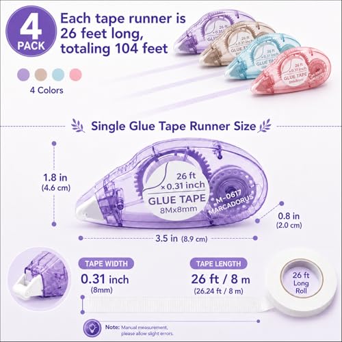 MARCADORUS Glue Tape for Scrapbooking, Double Sided Tape Roller 106Ft Total | 4-Pack_26Ft x 0.31In Tape Runner, Adhesive for Photos, Card Making, Paper Crafts, School, Journaling & Scrapbooking Supplies - size: 26 Ft x 0.31 In : 4 Pack