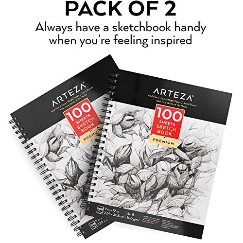 ARTEZA Sketch Book 2 Pack, 9x12 Inches, 200 Sheets of 68 lb Heavyweight Paper, Spiral Bound Drawing Pad with Perforated True-to-Size Pages for Sketching, Drawing, and Illustration - size: 2 Pack 9x12