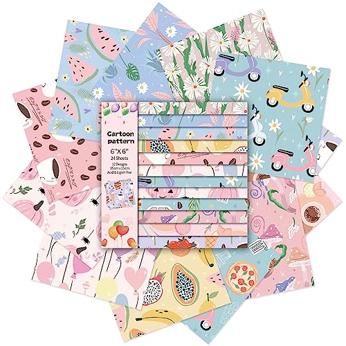 Scrapbook Paper, 24 Sheets 6"×6" 160gsm Single-Sided Patterned Cardstock - color: 24 sheets-cartoon