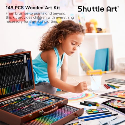 Shuttle Art 149 Piece Deluxe Art Set, Art Supplies in Wooden Case, Painting Drawing Art Kit with Crayons Colored Pencils Oil Pastels Watercolor Cakes Coloring Book Sketch Pad for Kids Adults - color: Brown, size: 149 Piece Set