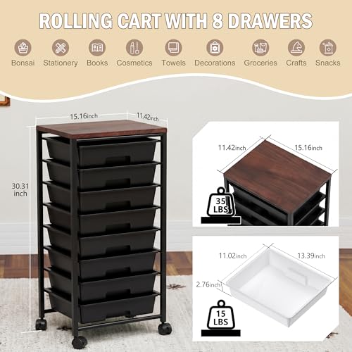 Rolling Cart with 8 Drawers, Storage Drawers Cart with Wooden Tabletop and Lockable Wheels, Craft Storage for Living Room, Office, Classroom, Craft Room, Bedroom (Black) - color: Black