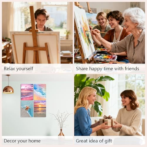 Muzagroo Art 4 Pcs Paint by Numbers Kits for Adults Framed Canvas with Wooden Easel DIY Beach Acrylic Oil Paintings Kits Paint by Numbers on Canvas Wall Art 8x12 inch (Beach) - color: Beach