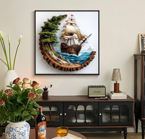 Diamond Paintings Kits for Adults,Sailboat Diamond Art,13.8x13.8 Inch | 5D DIY Full Round Drill Odyssey Wooden Nautical boat Paint by Diamond,Diamond Painting Dot Gem Art Crafts,for Home Wall Decor - color: KM1168-1