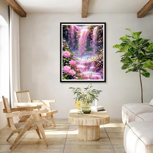 wavaiov Landscape Scenery Diamond Art Kits for Adults, Spring Waterfall Diamond Painting Kits for Beginners, 5D DIY Flower Floral Full Round Dots Drill Gem Art Kit for Home Decor 12x16Inch - color: XYJ098