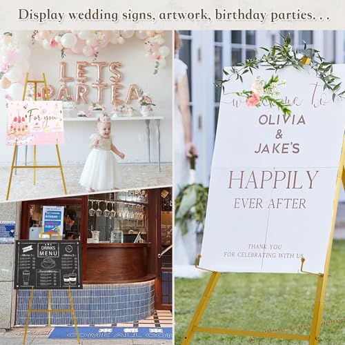 57.1" Gold Easel Stand for Sign,Tall Heavy Duty Display Easel | Folding Metal Easel for Wedding Welcome Sign,Poster,Mirror, Painting,Art Display, Photo, 4-Tier Height ,Adjustable Chain - size: high--57.1"