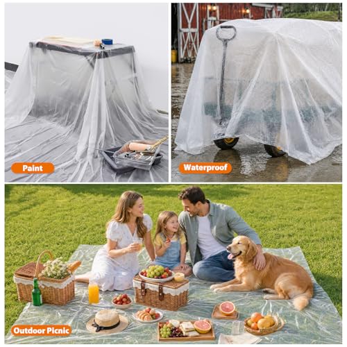 ROLLINGDOG 6 Pack Plastic Drop Cloths 12' x 9' | Clear Painting Tarp Waterproof Dust Cover 0.7mil Light Duty Disposable Plastic Sheeting for Floor Furniture Protection - color: 6 pc
